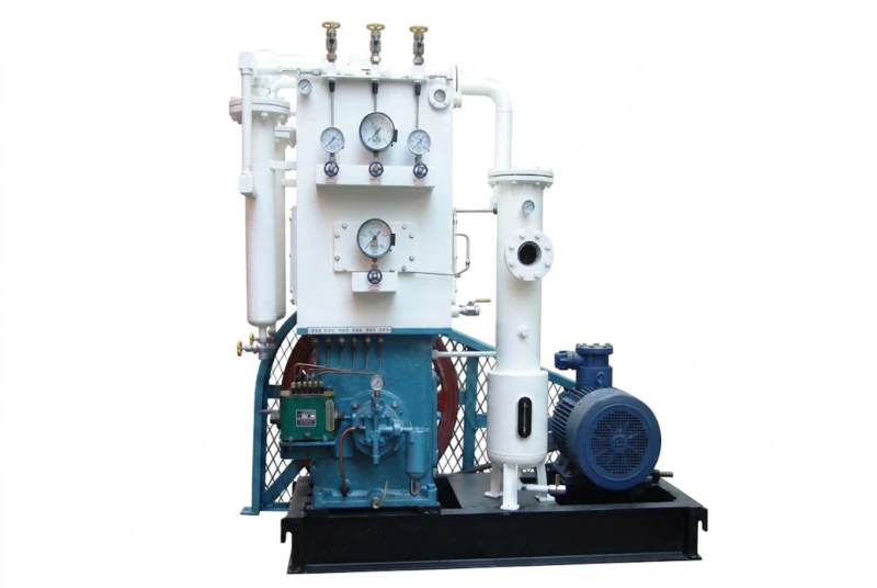 Acetylene compressor — high-pressure dissolved acetylene cylinder filling compressor and medium low-pressure acetylene process compressor, twin-column three-stage reciprocating piston, explosion-proof YB motor, 2.5 MPa discharge pressure