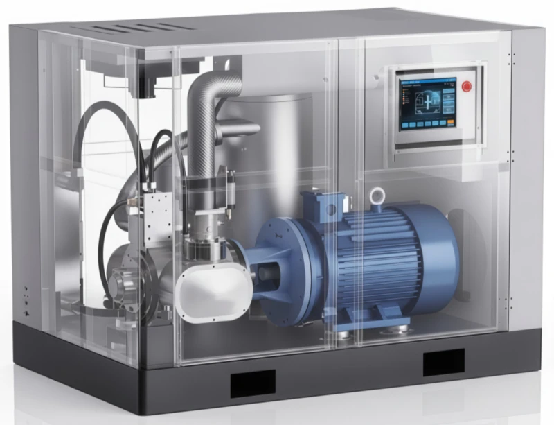 CM Series industrial frequency oil-free screw air compressor finished product range — fixed-speed water-lubricated units from 7.5 kW to 320 kW for continuous-duty pharmaceutical, food, electronics, and industrial applications