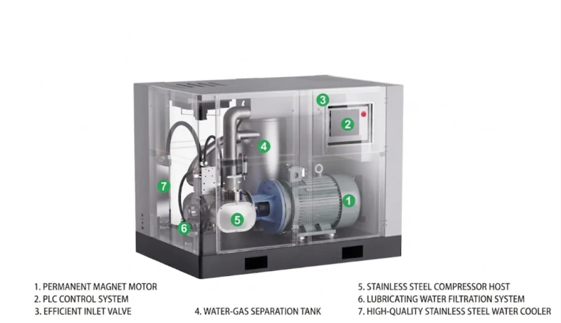 High precision components and internal hardware elements of professional air compressors