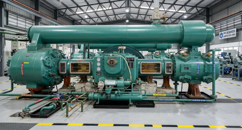 Glass bottle making air compressor installed at user site — multi-unit reciprocating forming air compressor station in a container glass factory supplying IS machine forming air at 0.35 to 0.45 MPa