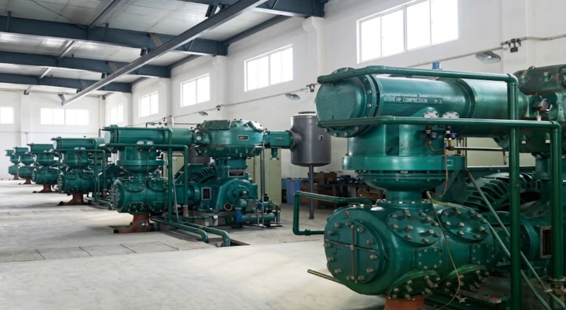 Reciprocating air compressor installed at user site — large industrial compressor station with twin-column two-stage piston compressors operating in parallel for mining or heavy industry utility air supply