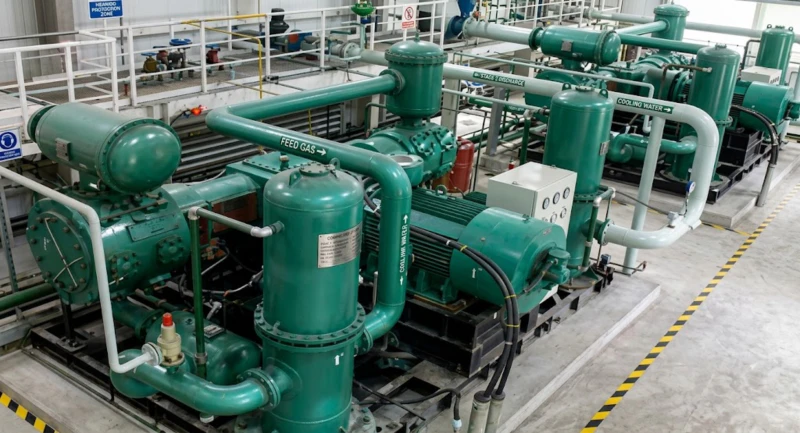 Large-capacity oil-free hydrogen compressor at refinery or methanol synthesis plant — DW-series twin-column multi-stage hydrogen compressor for petroleum hydroprocessing or chemical synthesis feed at 1.5 to 3.0 MPa