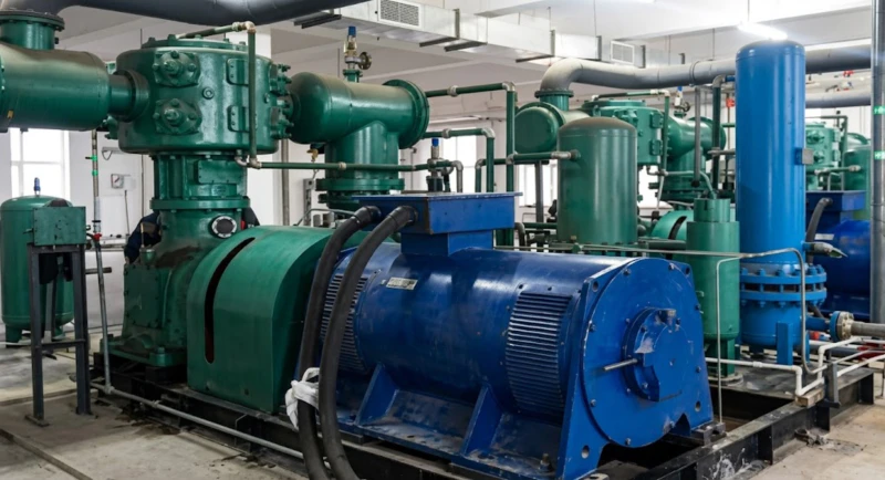 Oil-free high-pressure air compressor for PET bottle blowing at customer site — MW-series four-column four-stage reciprocating compressor installation for large-scale PET bottle production at 4.0 MPa, 380V/6kV/10kV