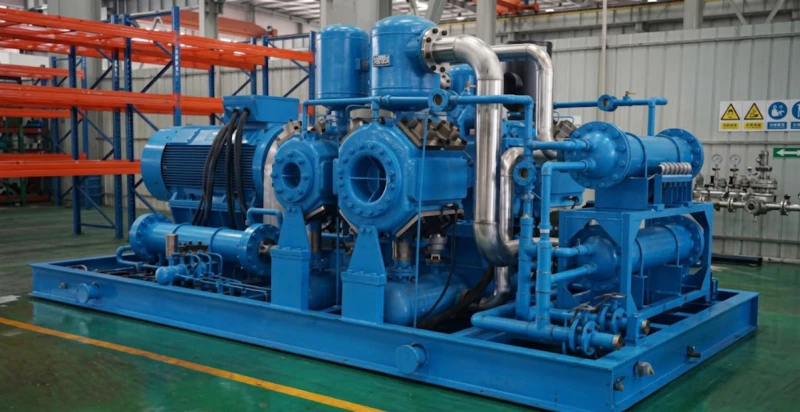 Oil-free air compressor for PET bottle blowing installed at customer site — multi-unit high-pressure reciprocating compressor station supplying 4.0 MPa blowing air for PET stretch-blow moulding machines in a beverage production plant