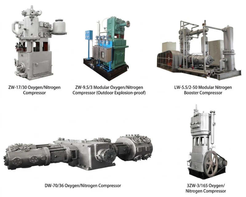 Oxygen and nitrogen compressor — oil-free reciprocating piston compressor series for oxygen compression 0.70 to 150 MPa and nitrogen compression 0.40 to 150 MPa, industrial medical steel oxygen cylinder filling PSA booster applications
