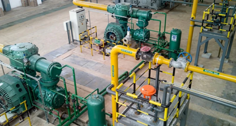 Large nitrogen compressor installed at user site — Series B DW-series oil-free reciprocating piston nitrogen compressor operating at a steel mill or chemical plant, 100 to 399 m³/min at 0.70 MPa, 6-10kV motor